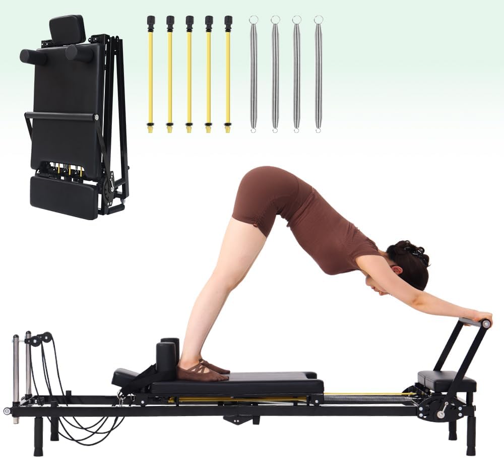 Home Gym No Equipment - Foldable Pilates Reformer Machine, 2-in-1 Resistance